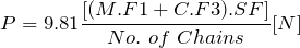 \[ P=9.81\frac{[(M.F1+C.F3).SF]}{No.\ of\ Chains}[N] \]