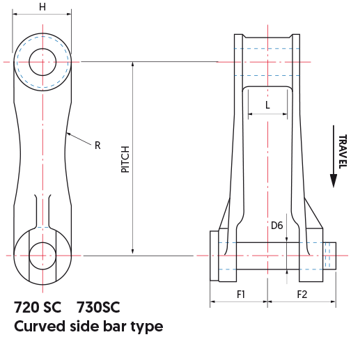 700 Class Pintle Chains - curved side bar type - drawing