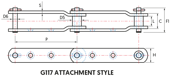 Continuous Discharge Double Strand 4000 Series Elevator Chains - G117 attachment style - drawing