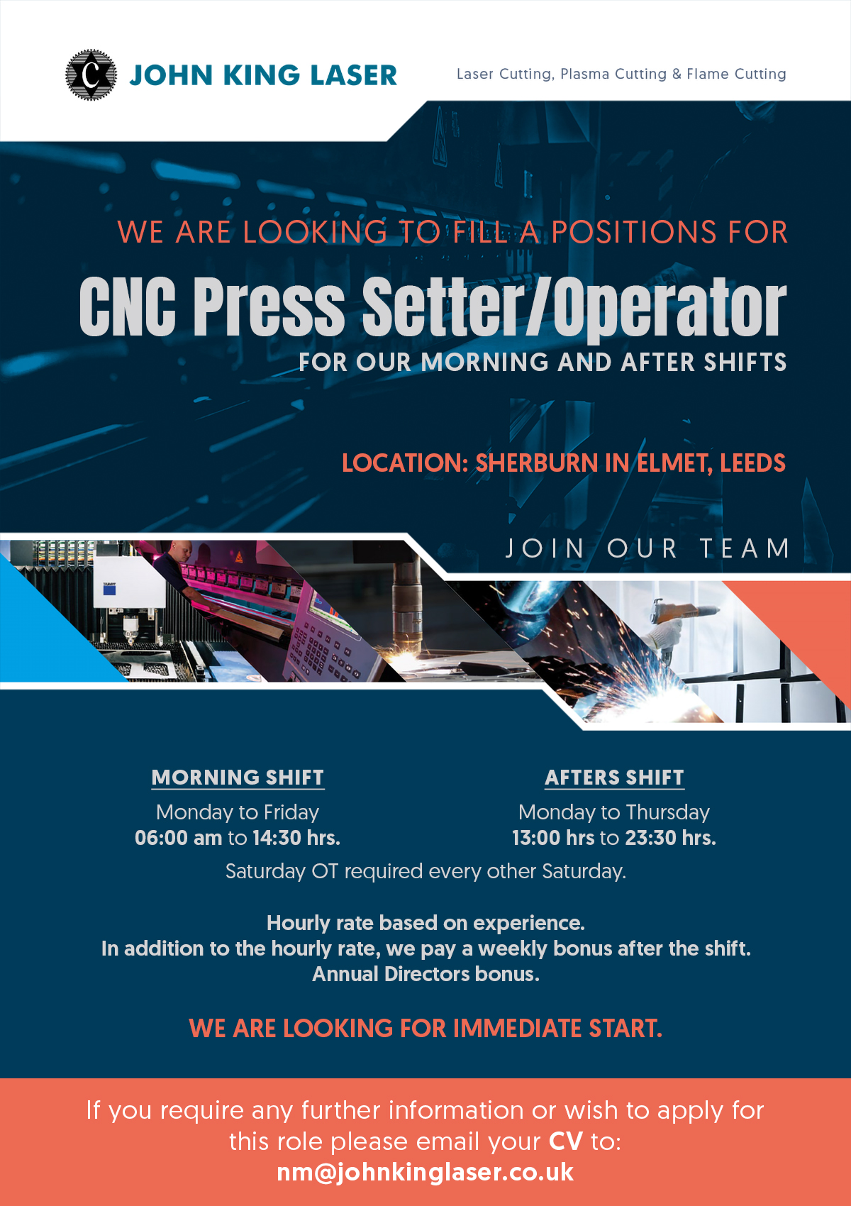 We are looking to fill a positions for CNC Press Setter/Operator for our Morning and After Shifts
